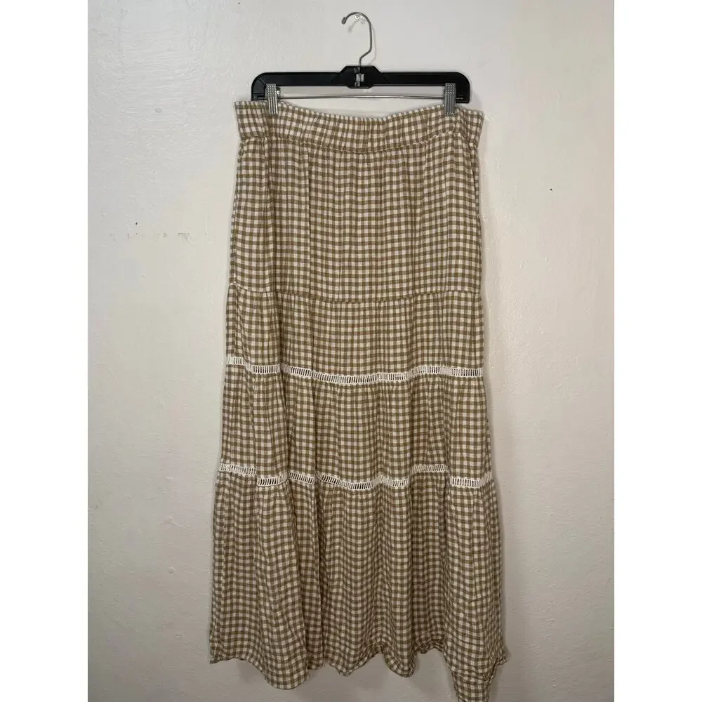 Madewell Linen-Blend Eyelet-Trim Women’s XL Tiered Maxi Skirt Seed Khaki Plaid - Picture 4 of 8